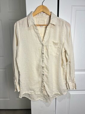 Sigrid Olsen 100% Linen Light Beige/Cream Button-Up Blouse Size Medium